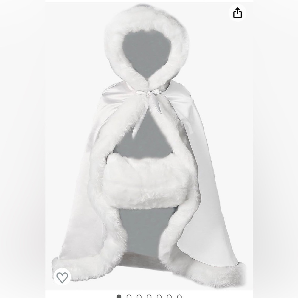 White faux fur cloak and muff. Length 32”.